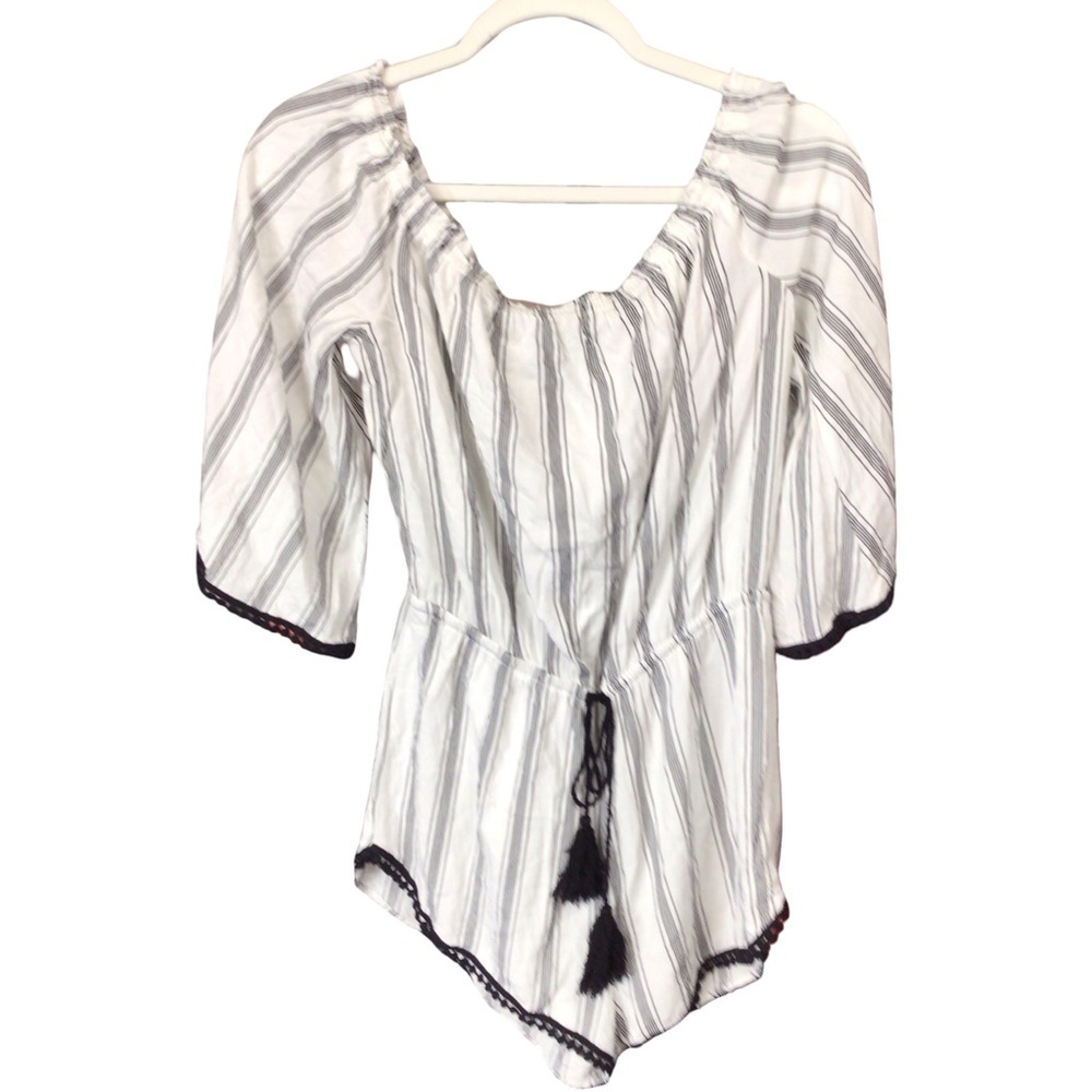 Forever 21 White and Gray Striped Peasant-Style Romper with Black Tassels